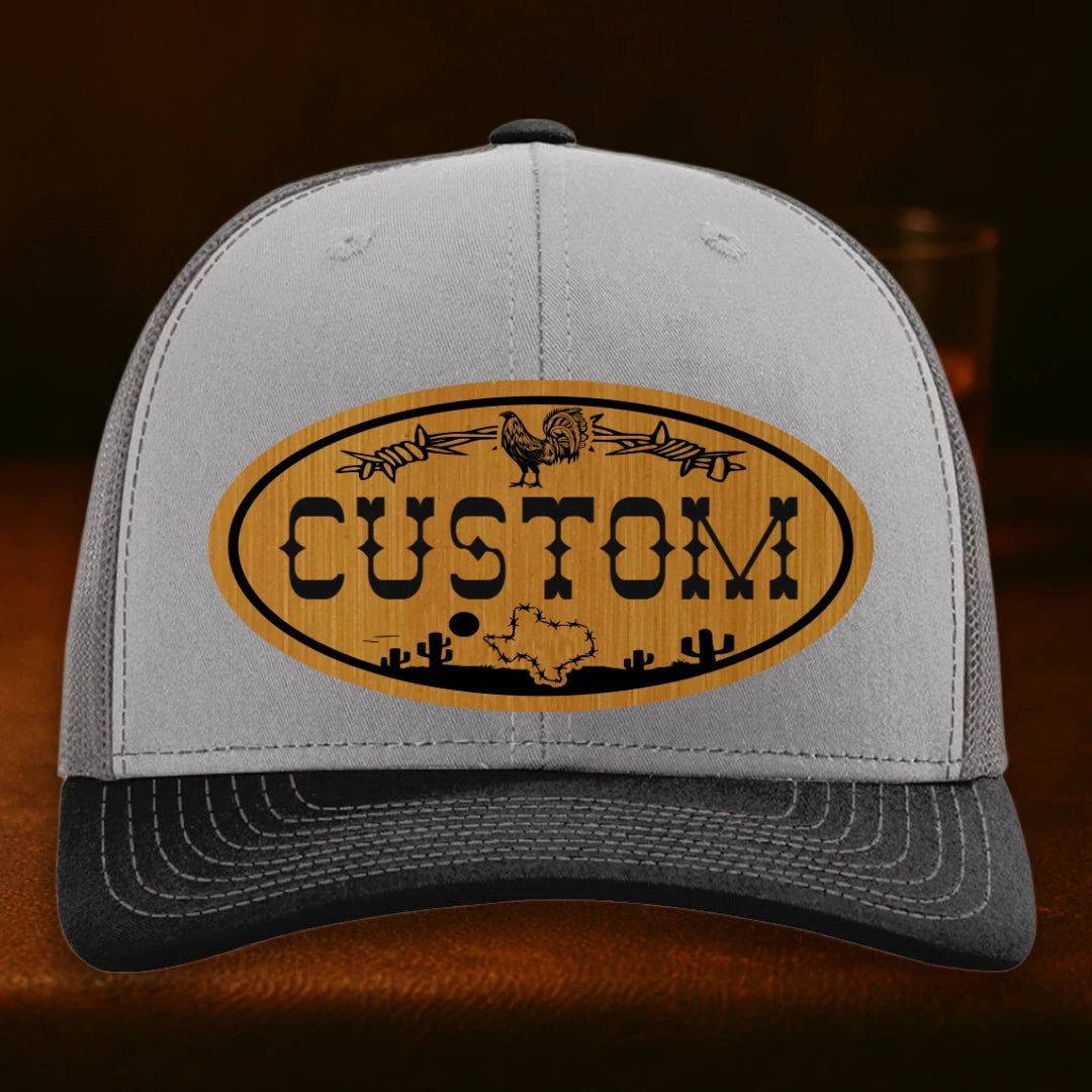 Lonestar Rooster Personalized Leather Patch Hat - Richardson 112 Grey To Charcoal To Black