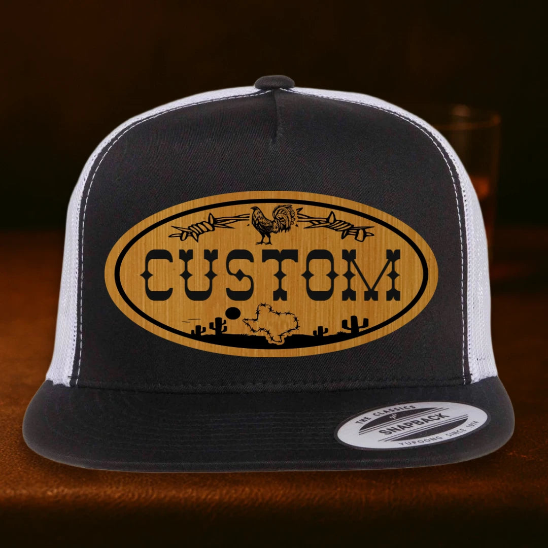Lonestar Rooster Personalized Leather Patch Hat - Yupoong 6006 Black To White