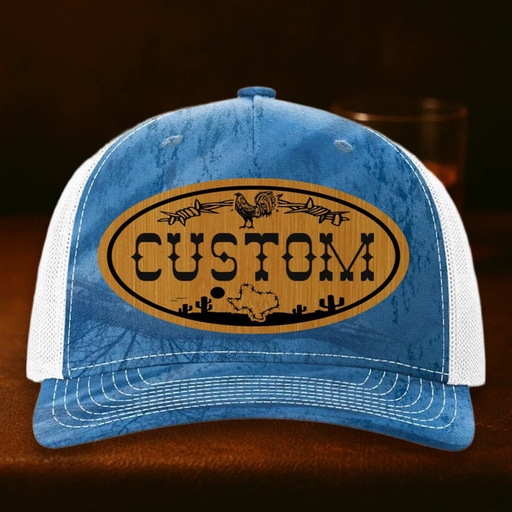 Lonestar Rooster Personalized Leather Patch Hat - Richardson 112PFP Realtree Fishing Light Blue To White