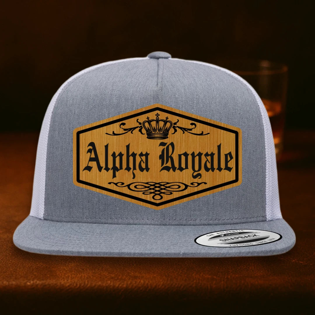 Alpha Royale Personalized Leather Patch Hat - Yupoong 6006 Heather Grey To White