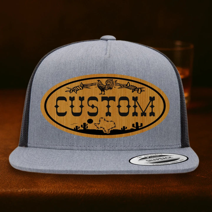 Lonestar Rooster Personalized Leather Patch Hat - Yupoong 6006 Heather Grey To Black