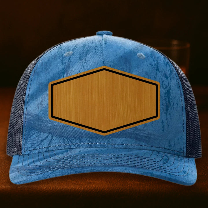 Upload Your Logo Custom Leather Patch Hat - Richardson 112PFP Realtree Fishing Light Blue To Navy