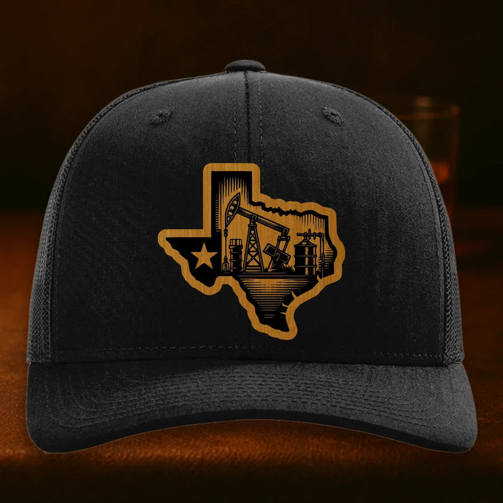 Texas Oilfield Leather Patch Hat - Richardson 112 Black hat, Bamboo To Black Leatherette patch
