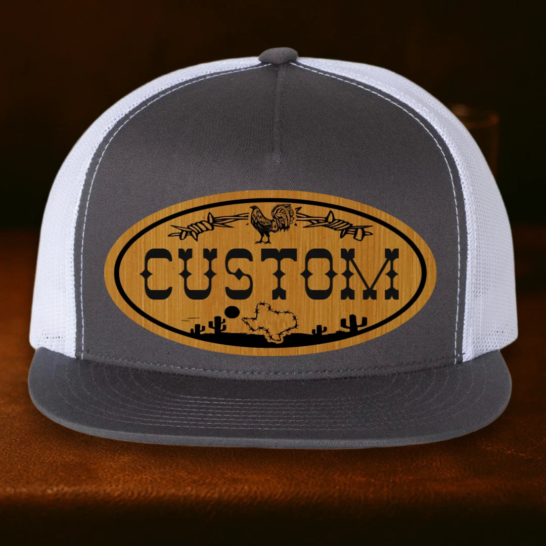 Lonestar Rooster Personalized Leather Patch Hat - Yupoong 6006 Charcoal To White