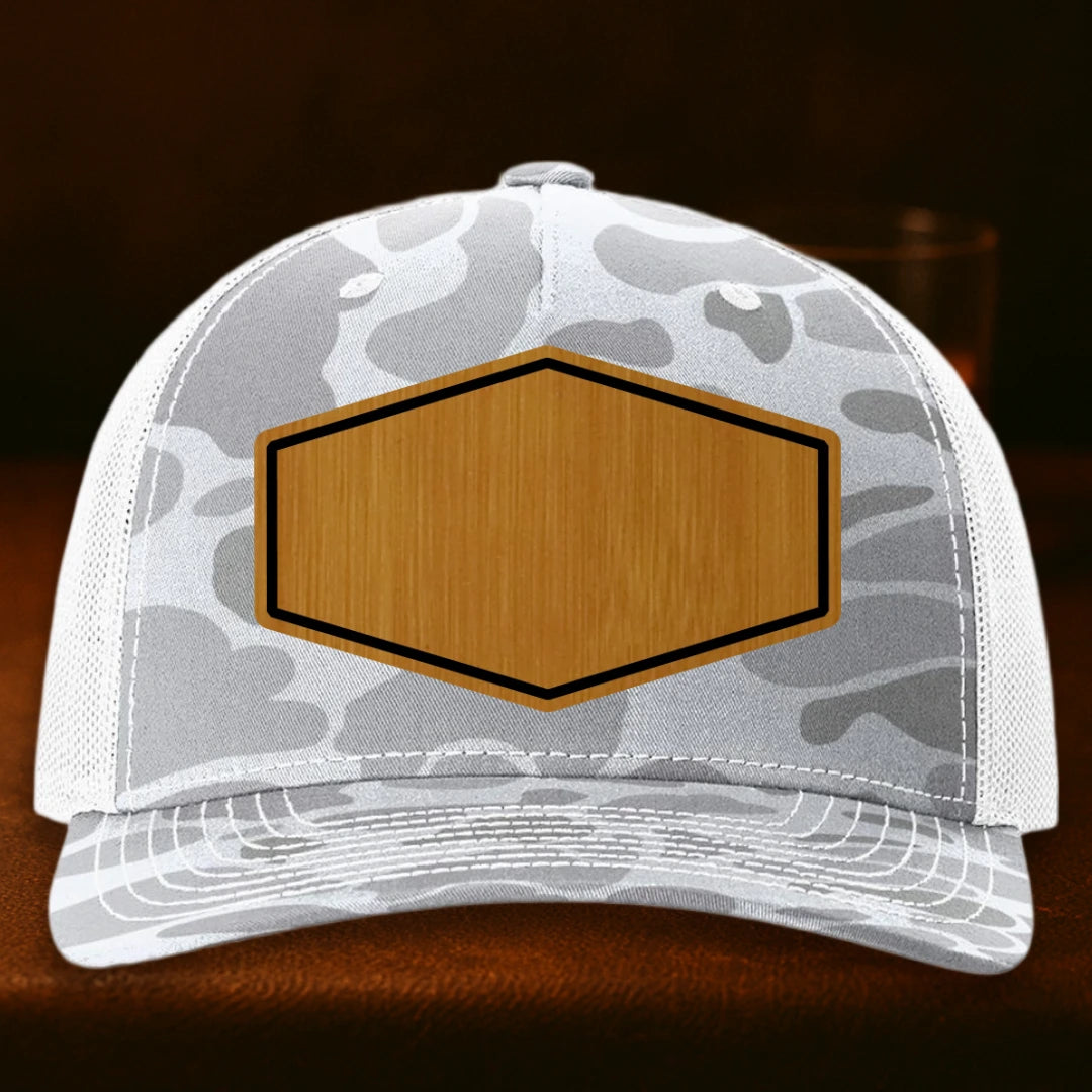 Upload Your Logo Custom Leather Patch Hat - Richardson 112PFP Blizzard Duck Camo To White