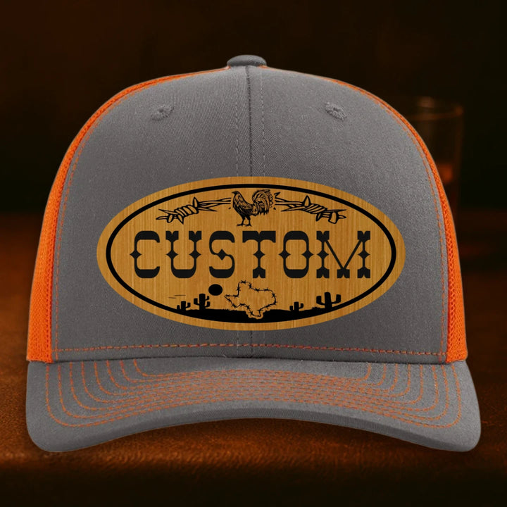 Lonestar Rooster Personalized Leather Patch Hat - Richardson 112 Charcoal To Orange