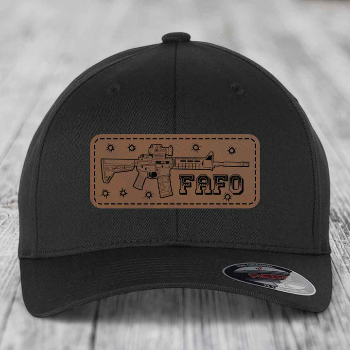 Ar15 Fafo - Leather Patch Hat - Dark Brown to Black Patch - Flexfit 6277 Fitted Hat
