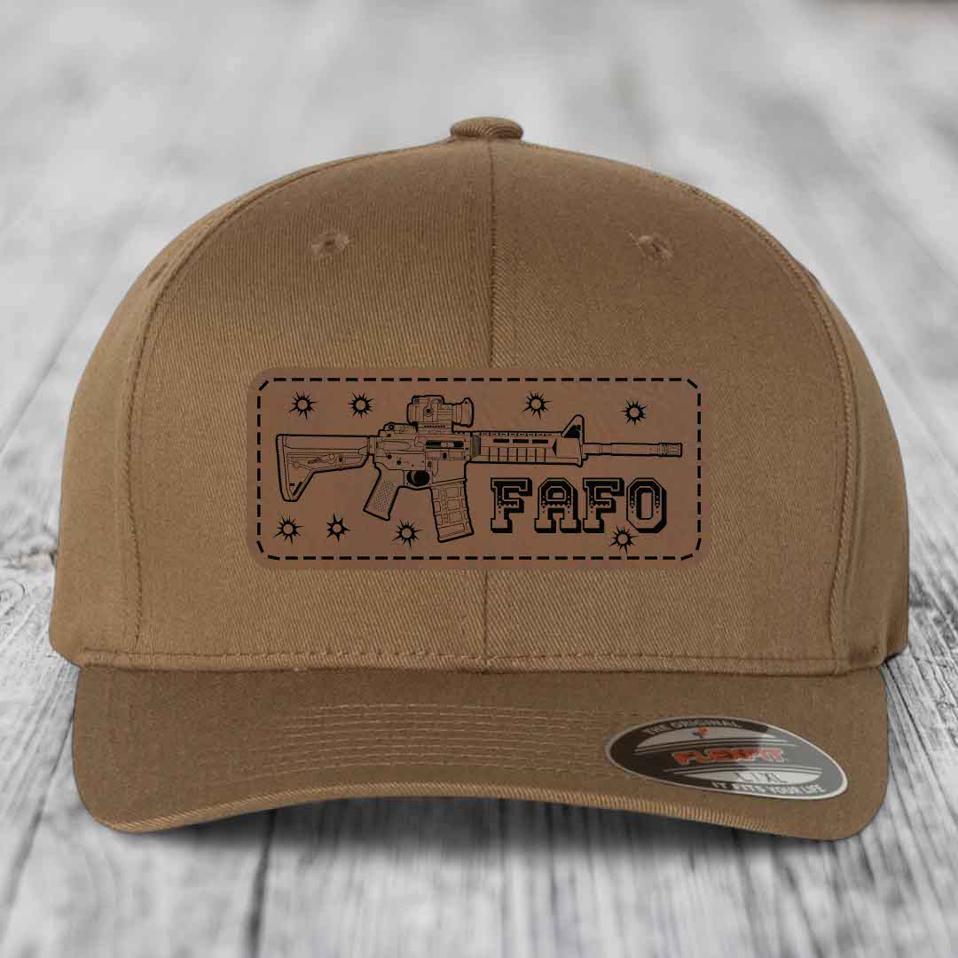 Ar15 Fafo - Leather Patch Hat - Dark Brown to Black Patch - Flexfit 6277 Fitted Hat