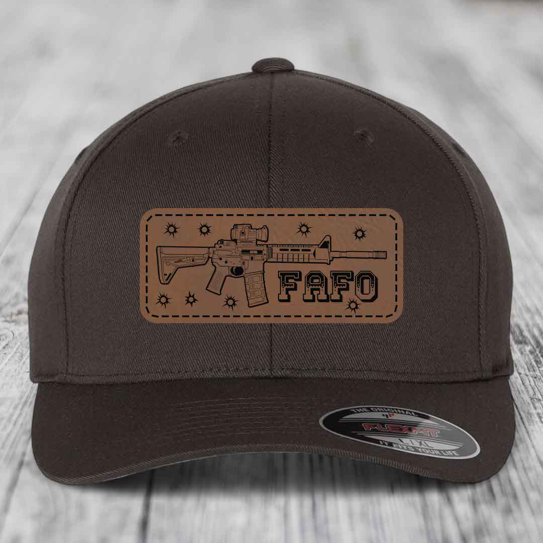 Ar15 Fafo - Leather Patch Hat - Dark Brown to Black Patch - Flexfit 6277 Fitted Hat