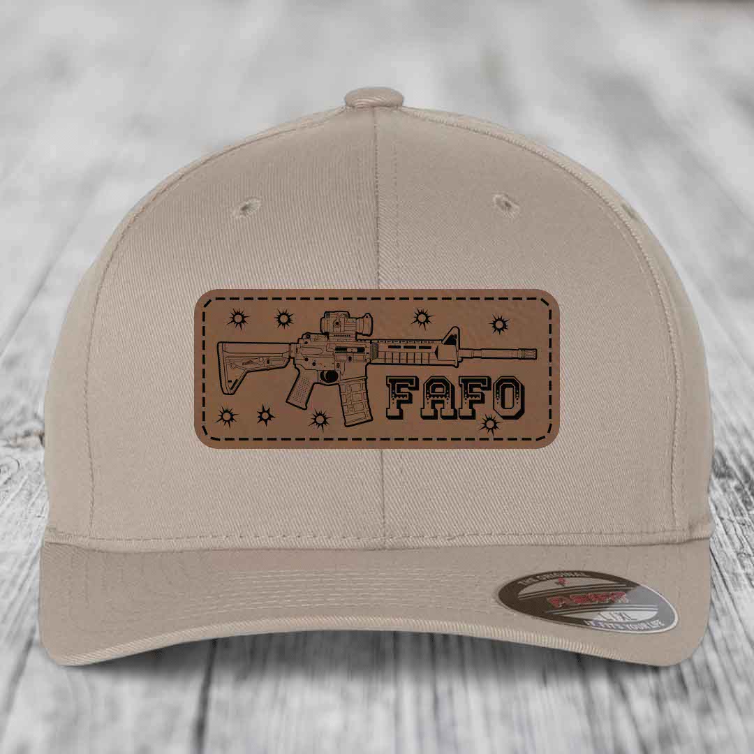 Ar15 Fafo - Leather Patch Hat - Dark Brown to Black Patch - Flexfit 6277 Fitted Hat