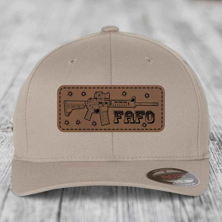 Ar15 Fafo - Leather Patch Hat - Dark Brown to Black Patch - Flexfit 6277 Fitted Hat