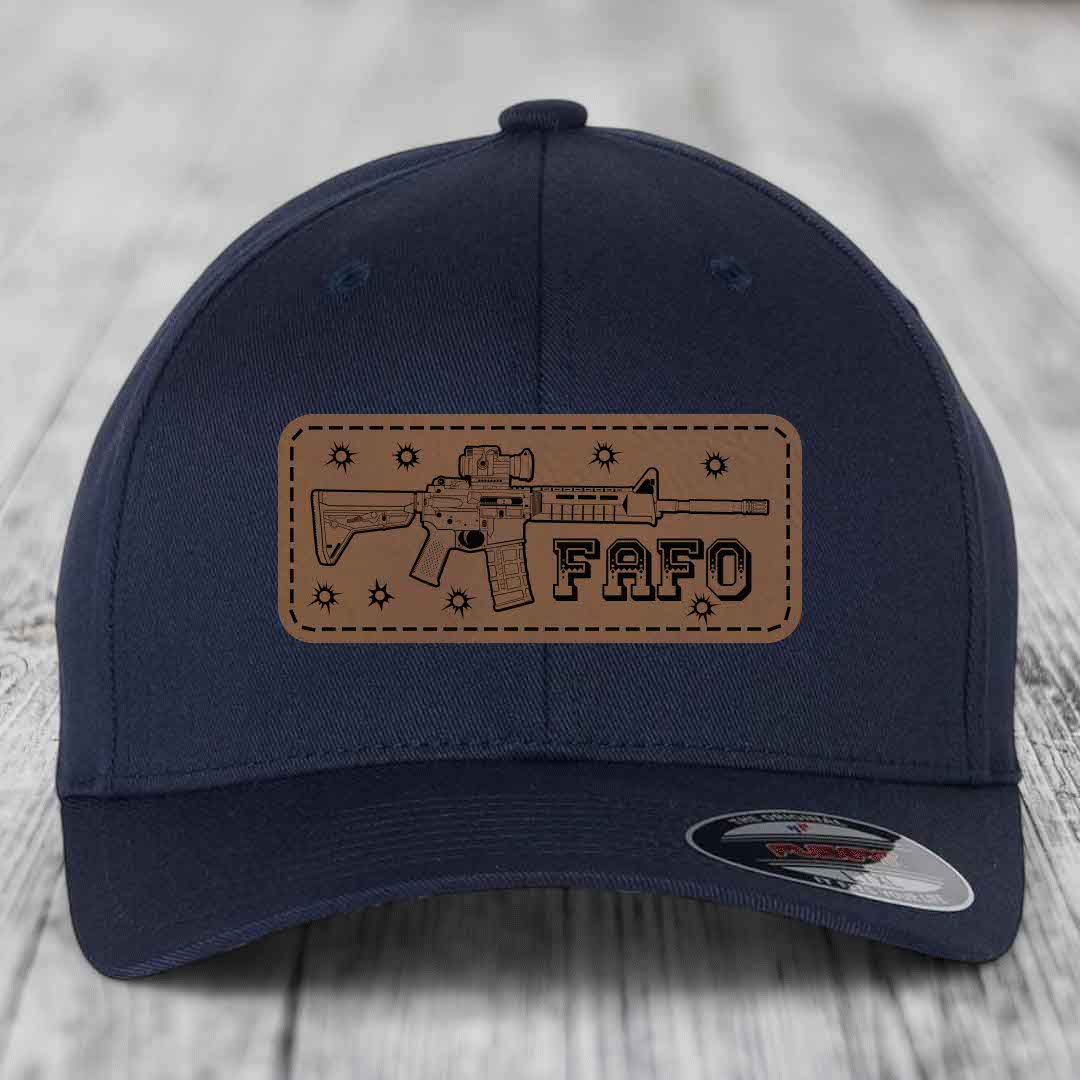Ar15 Fafo - Leather Patch Hat - Dark Brown to Black Patch - Flexfit 6277 Fitted Hat