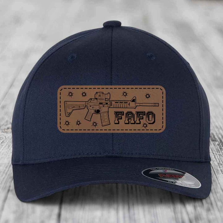 Ar15 Fafo - Leather Patch Hat - Dark Brown to Black Patch - Flexfit 6277 Fitted Hat
