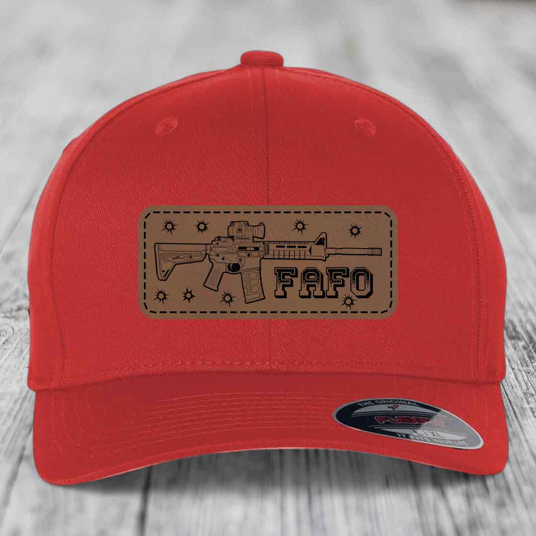 Ar15 Fafo - Leather Patch Hat - Dark Brown to Black Patch - Flexfit 6277 Fitted Hat