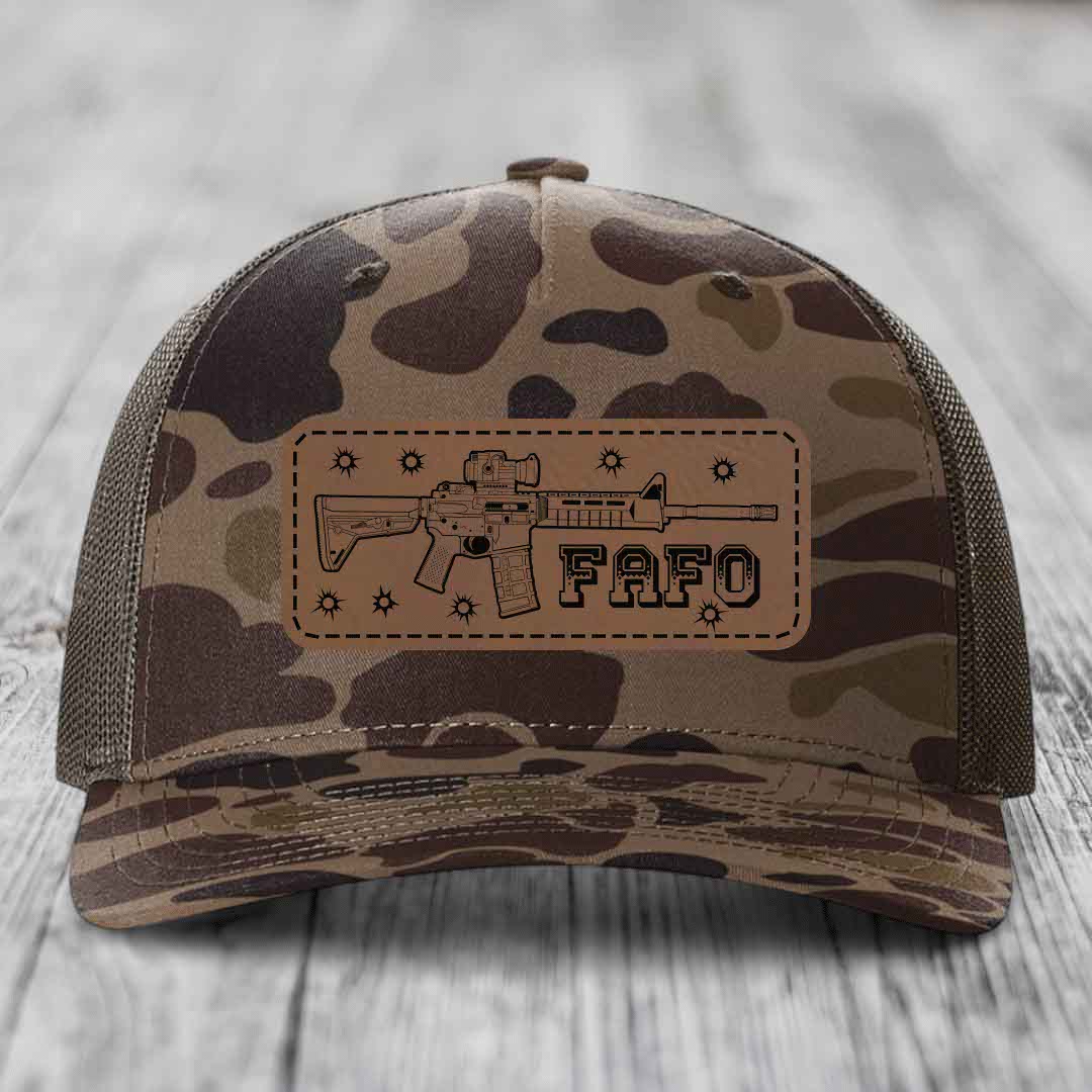 Ar15 Fafo - Leather Patch Hat - Dark Brown to Black Patch - Richardson 112PFP Snapback Trucker Hat