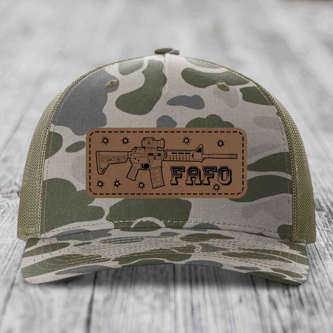Ar15 Fafo - Leather Patch Hat - Dark Brown to Black Patch - Richardson 112PFP Snapback Trucker Hat