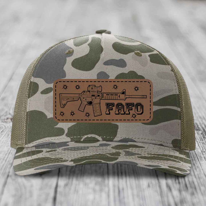 Ar15 Fafo - Leather Patch Hat - Dark Brown to Black Patch - Richardson 112PFP Snapback Trucker Hat