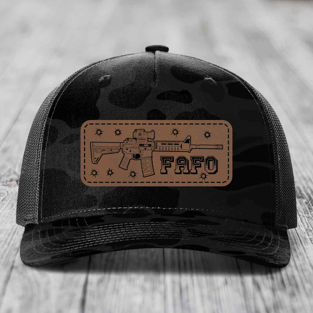 Ar15 Fafo - Leather Patch Hat - Dark Brown to Black Patch - Richardson 112PFP Snapback Trucker Hat