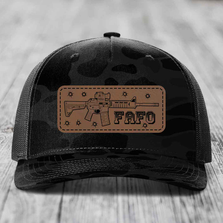 Ar15 Fafo - Leather Patch Hat - Dark Brown to Black Patch - Richardson 112PFP Snapback Trucker Hat