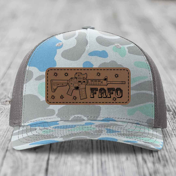 Ar15 Fafo - Leather Patch Hat - Dark Brown to Black Patch - Richardson 112PFP Snapback Trucker Hat