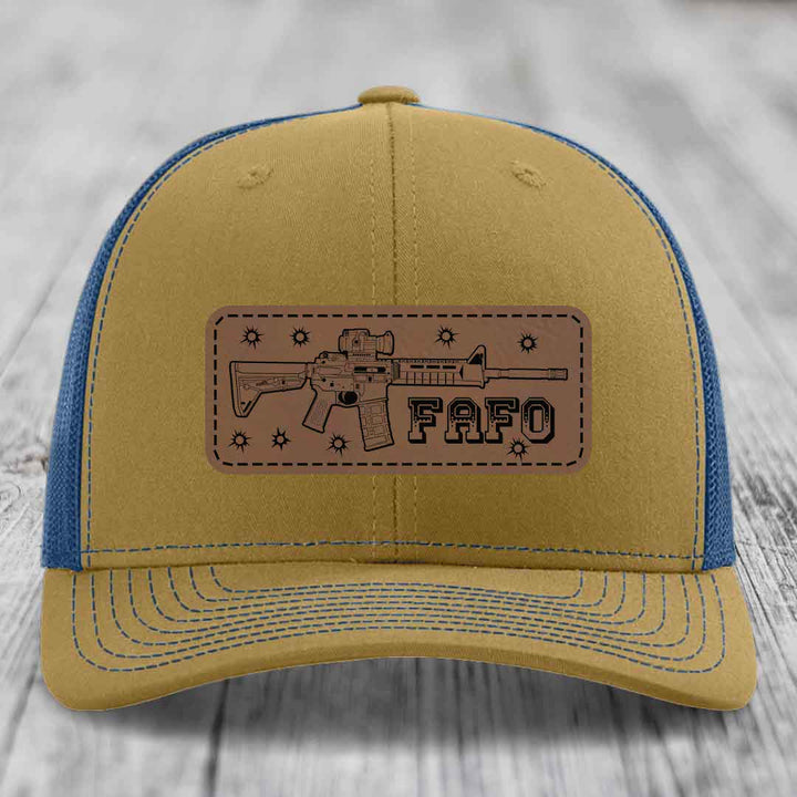 Ar15 Fafo - Leather Patch Hat - Dark Brown to Black Patch - Richardson 112 Snapback Trucker Hat