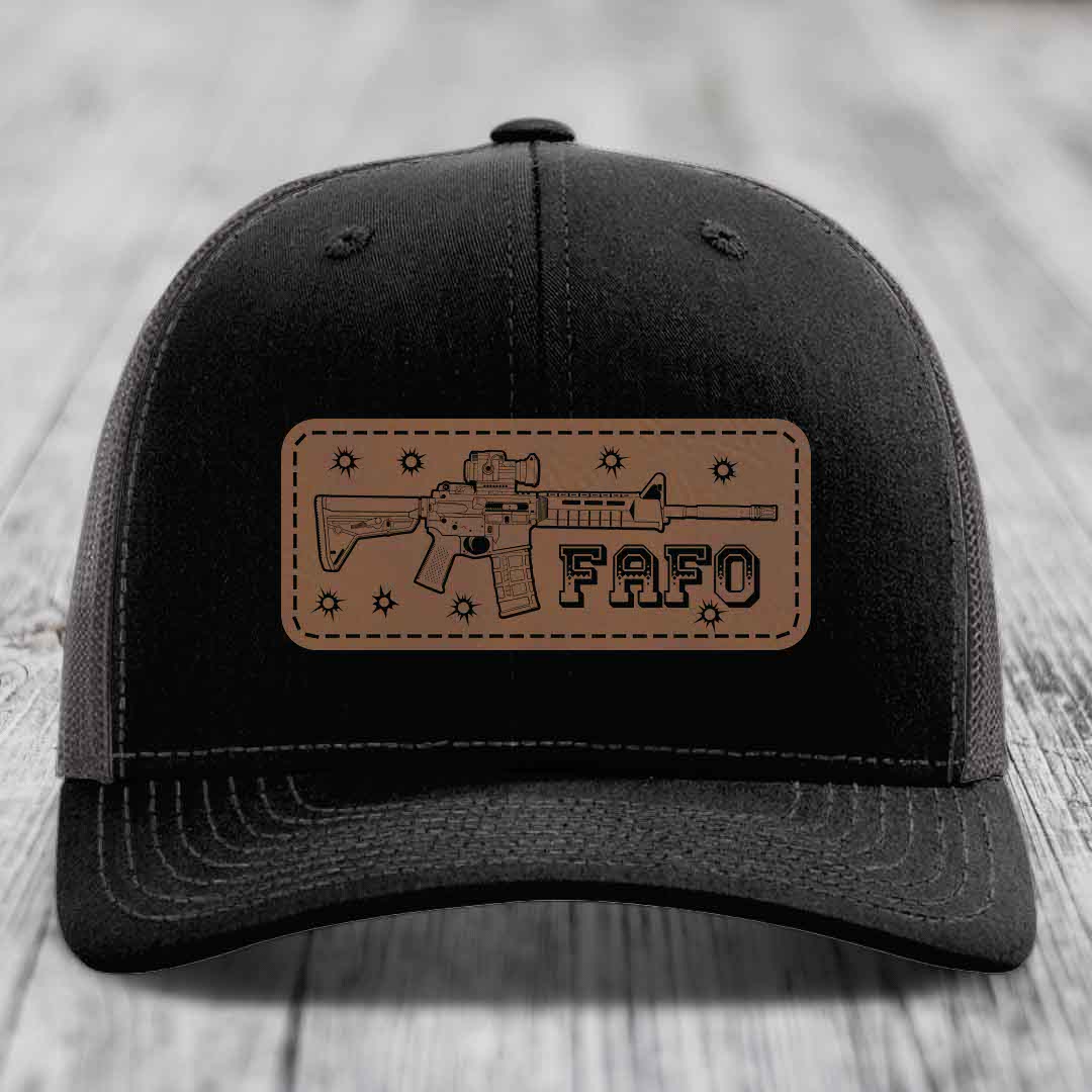 Ar15 Fafo - Leather Patch Hat - Dark Brown to Black Patch - Richardson 112 Snapback Trucker Hat