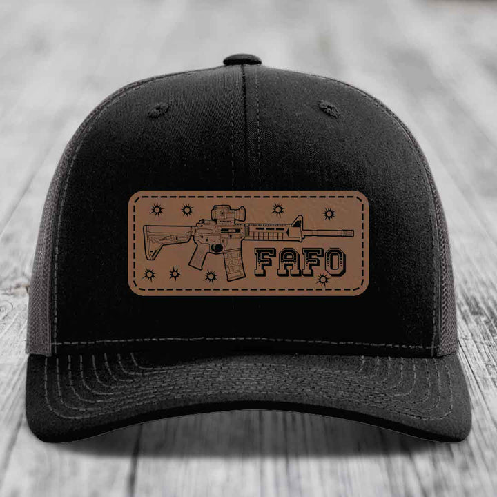 Ar15 Fafo - Leather Patch Hat - Dark Brown to Black Patch - Richardson 112 Snapback Trucker Hat