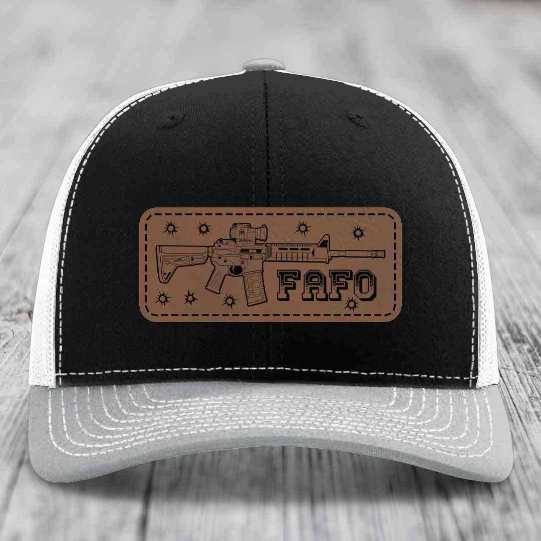 Ar15 Fafo - Leather Patch Hat - Dark Brown to Black Patch - Richardson 112 Snapback Trucker Hat