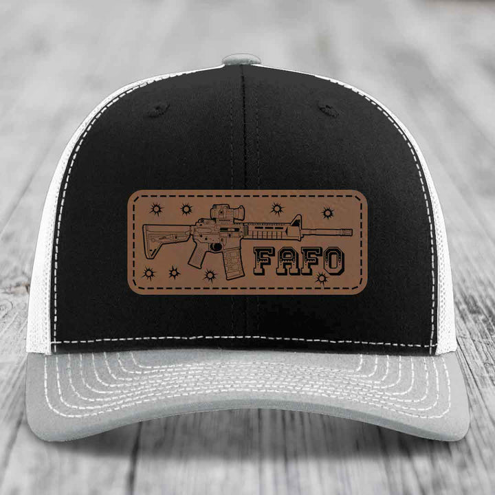Ar15 Fafo - Leather Patch Hat - Dark Brown to Black Patch - Richardson 112 Snapback Trucker Hat
