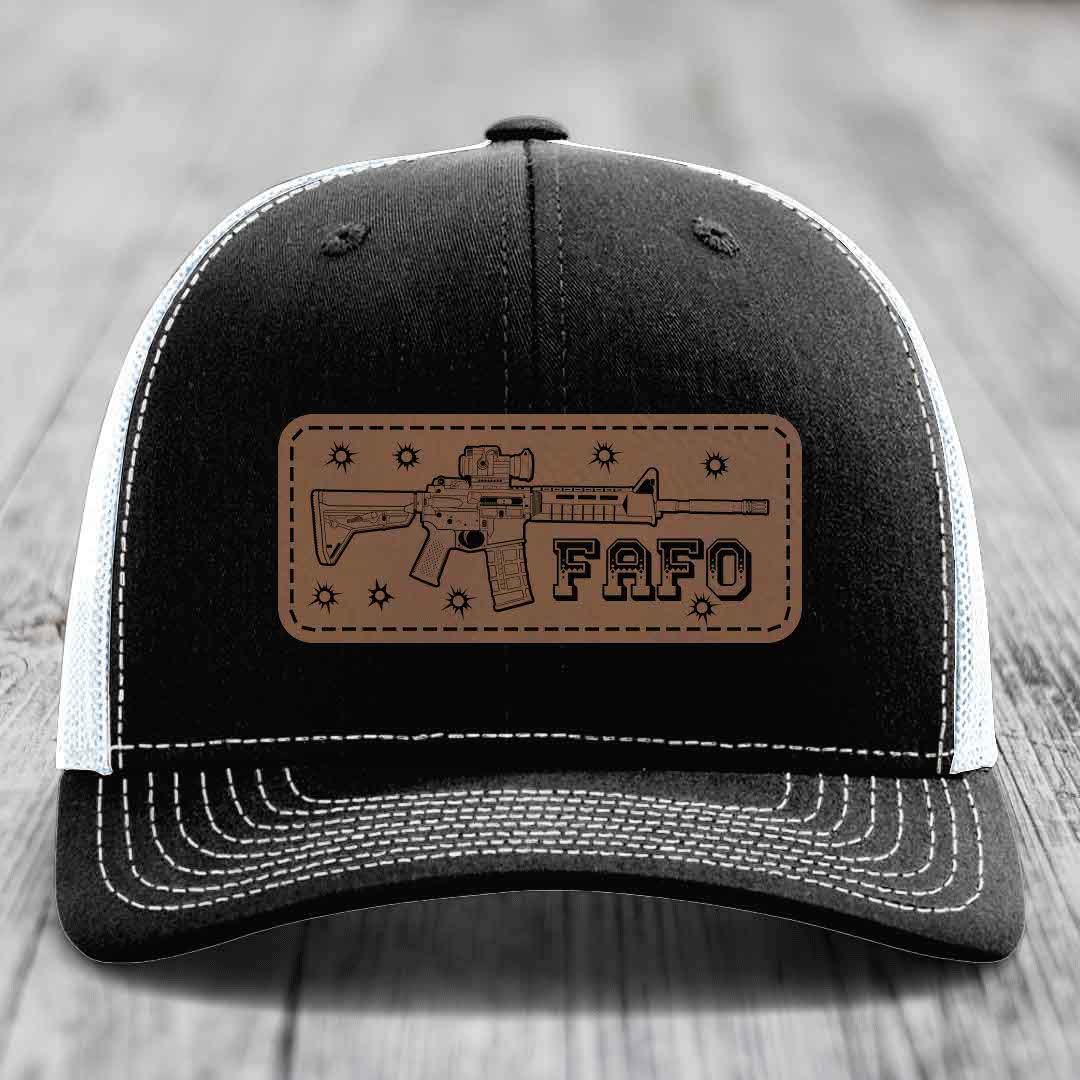 Ar15 Fafo - Leather Patch Hat - Dark Brown to Black Patch - Richardson 112 Snapback Trucker Hat