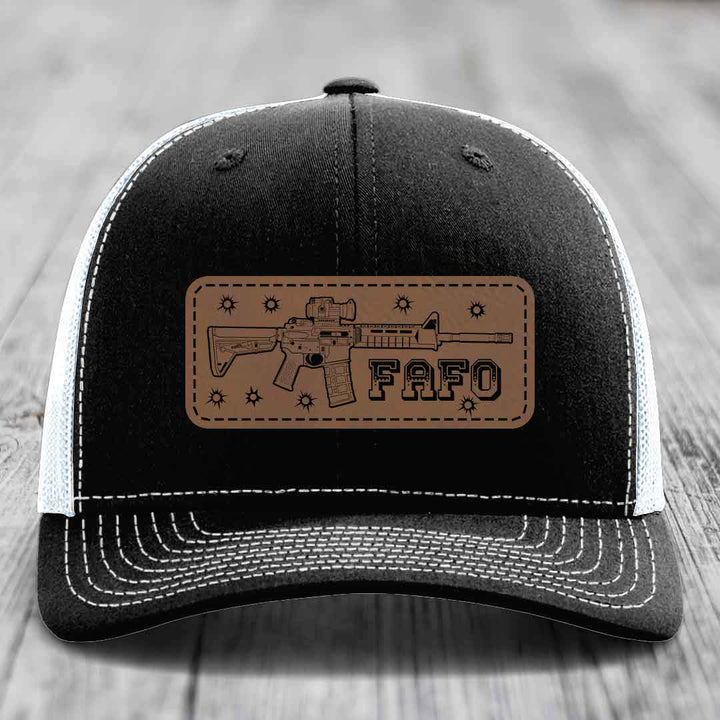 Ar15 Fafo - Leather Patch Hat - Dark Brown to Black Patch - Richardson 112 Snapback Trucker Hat