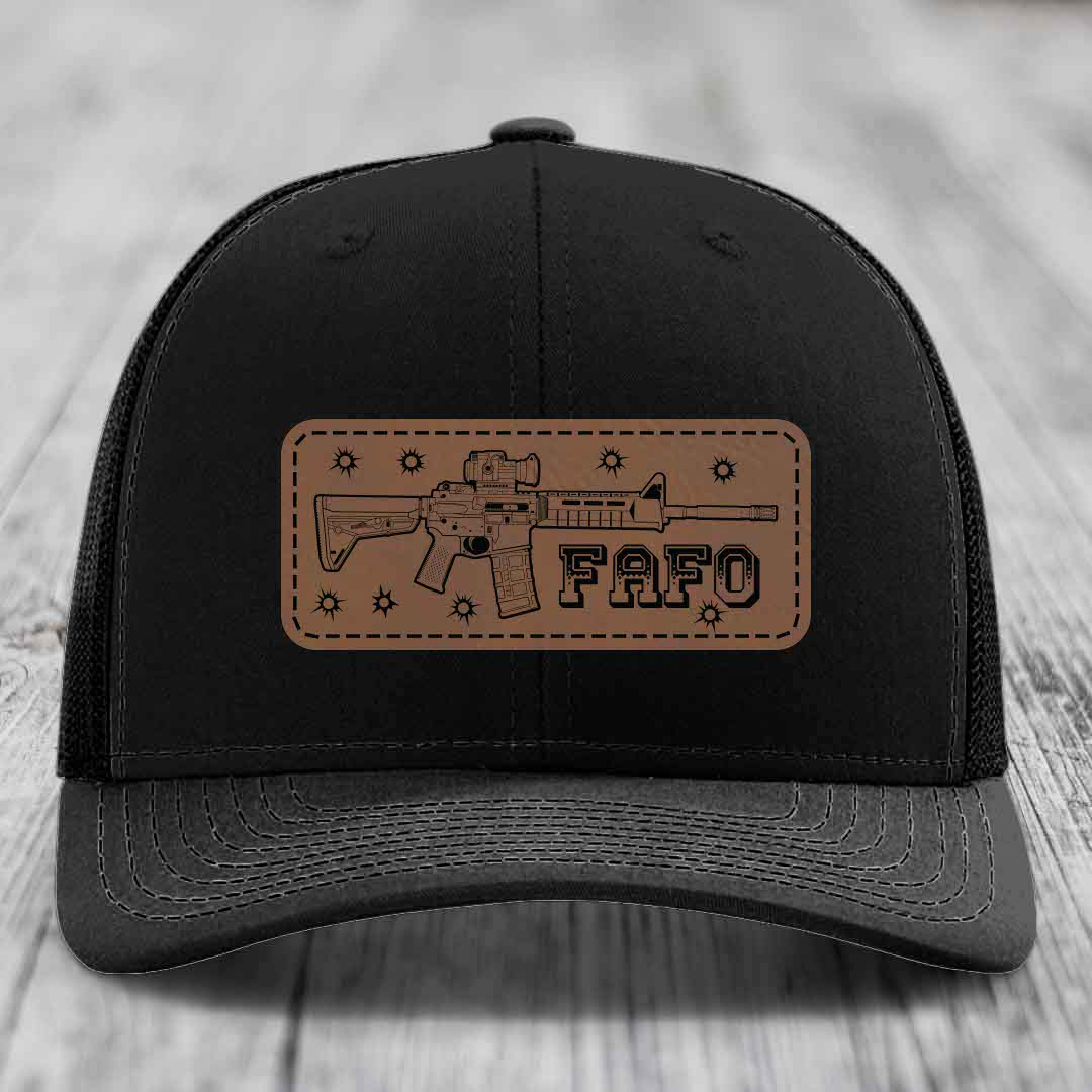 Ar15 Fafo - Leather Patch Hat - Dark Brown to Black Patch - Richardson 112 Snapback Trucker Hat