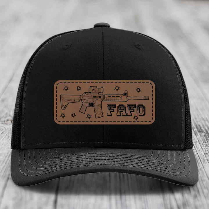 Ar15 Fafo - Leather Patch Hat - Dark Brown to Black Patch - Richardson 112 Snapback Trucker Hat