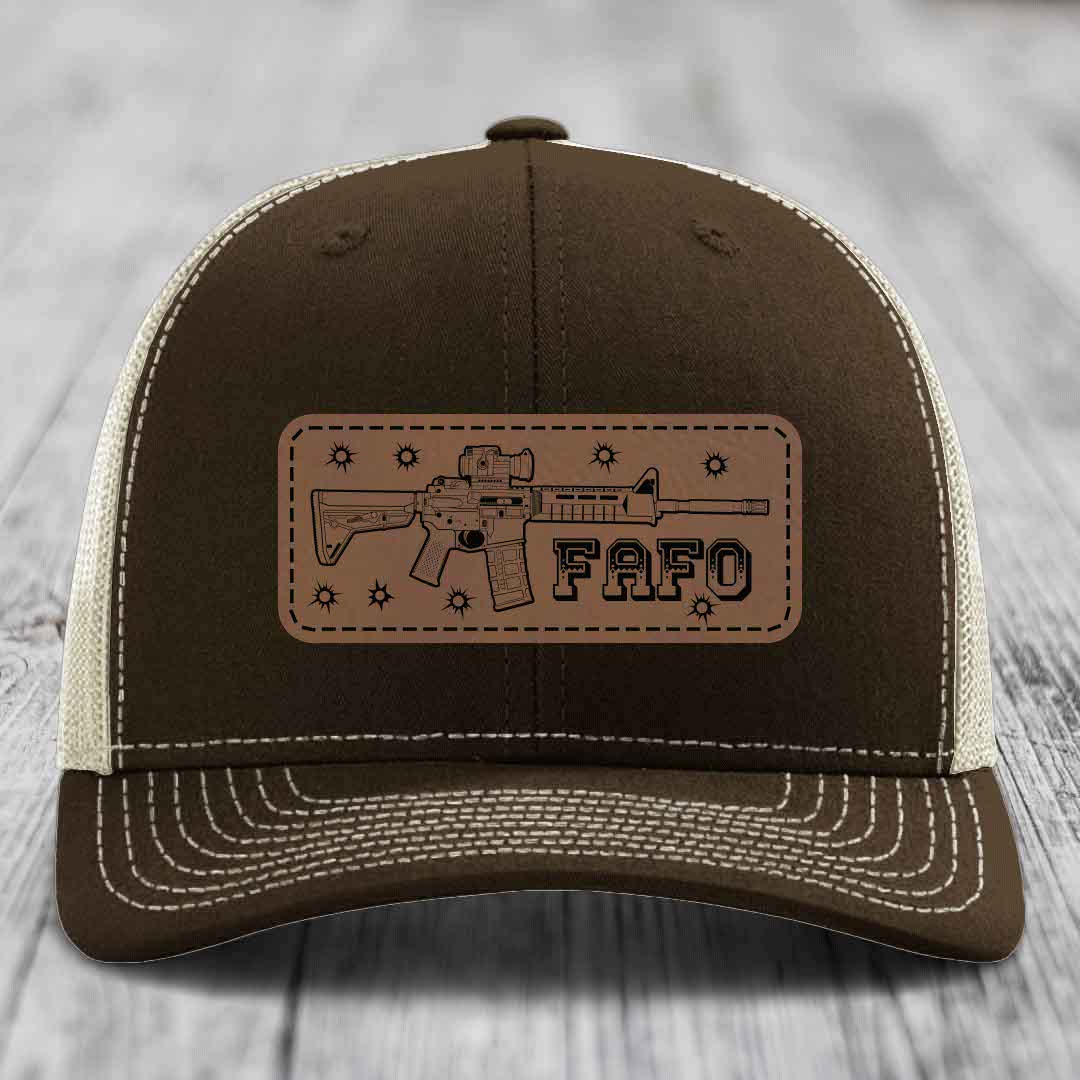 Ar15 Fafo - Leather Patch Hat - Dark Brown to Black Patch - Richardson 112 Snapback Trucker Hat