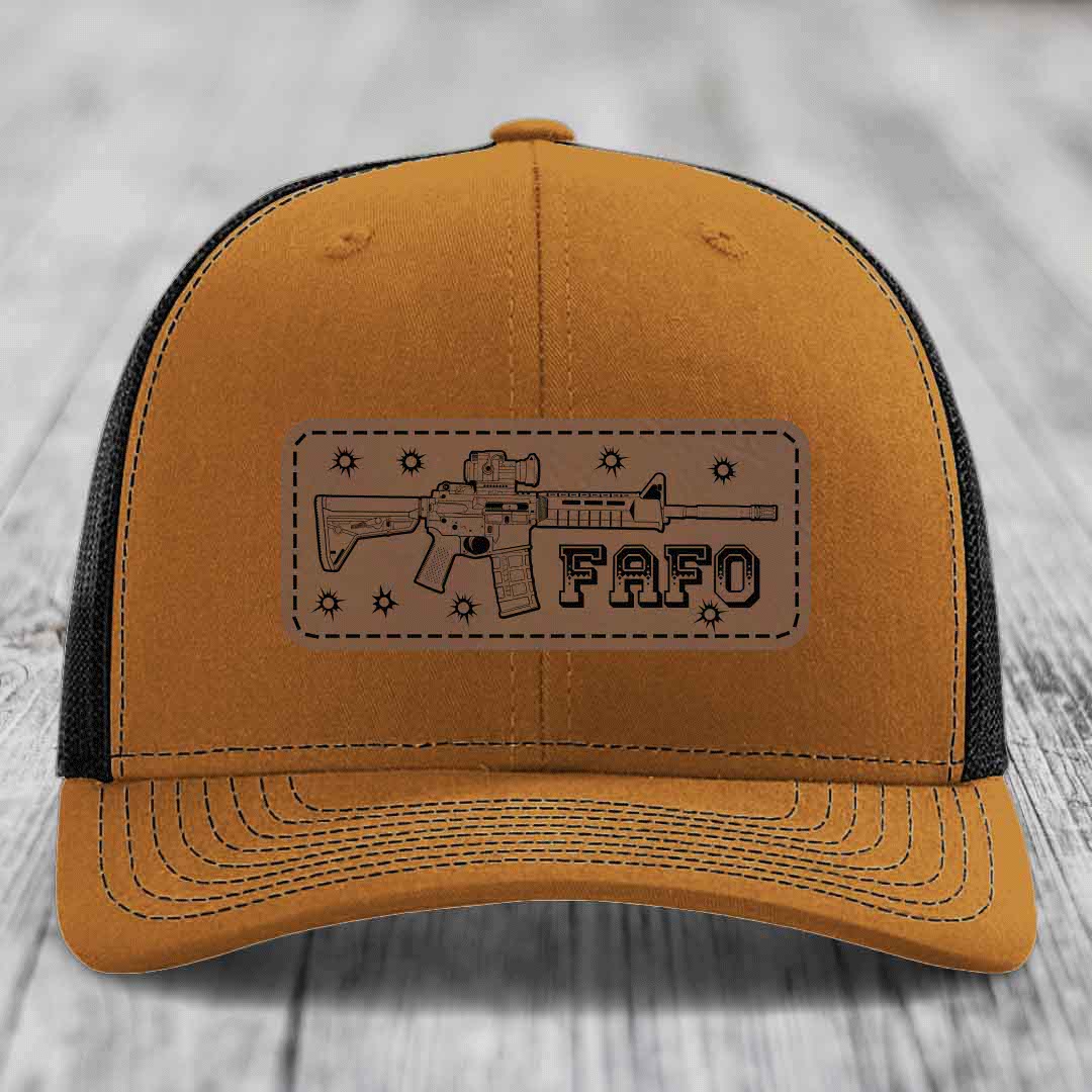 Ar15 Fafo - Leather Patch Hat - Dark Brown to Black Patch - Richardson 112 Snapback Trucker Hat