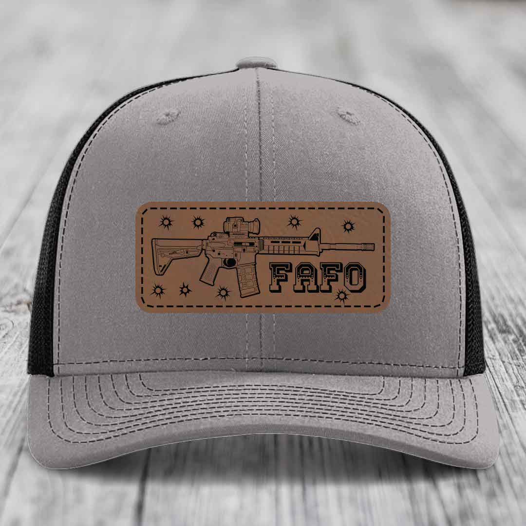 Ar15 Fafo - Leather Patch Hat - Dark Brown to Black Patch - Richardson 112 Snapback Trucker Hat