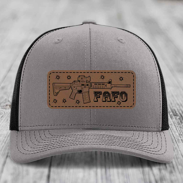 Ar15 Fafo - Leather Patch Hat - Dark Brown to Black Patch - Richardson 112 Snapback Trucker Hat