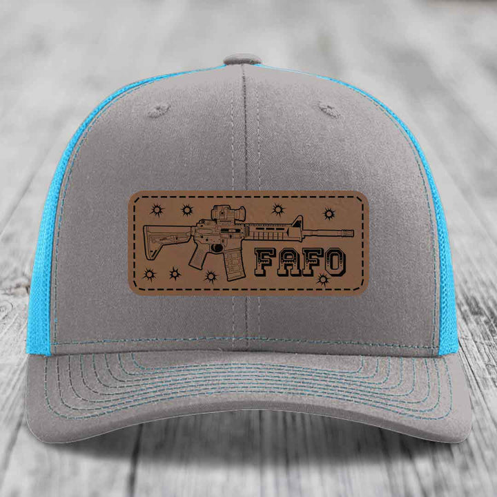 Ar15 Fafo - Leather Patch Hat - Dark Brown to Black Patch - Richardson 112 Snapback Trucker Hat