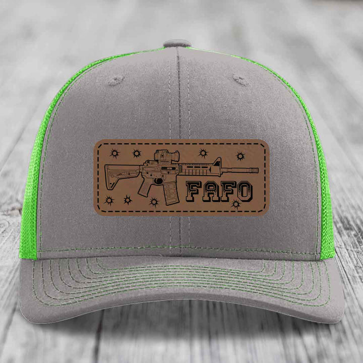 Ar15 Fafo - Leather Patch Hat - Dark Brown to Black Patch - Richardson 112 Snapback Trucker Hat