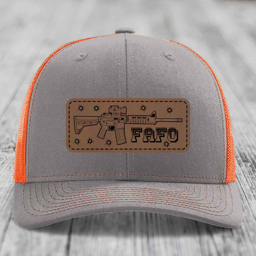 Ar15 Fafo - Leather Patch Hat - Dark Brown to Black Patch - Richardson 112 Snapback Trucker Hat