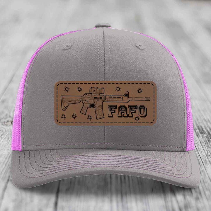 Ar15 Fafo - Leather Patch Hat - Dark Brown to Black Patch - Richardson 112 Snapback Trucker Hat