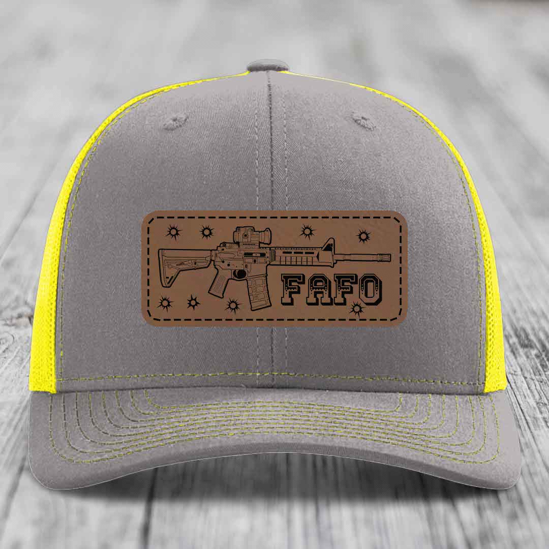 Ar15 Fafo - Leather Patch Hat - Dark Brown to Black Patch - Richardson 112 Snapback Trucker Hat