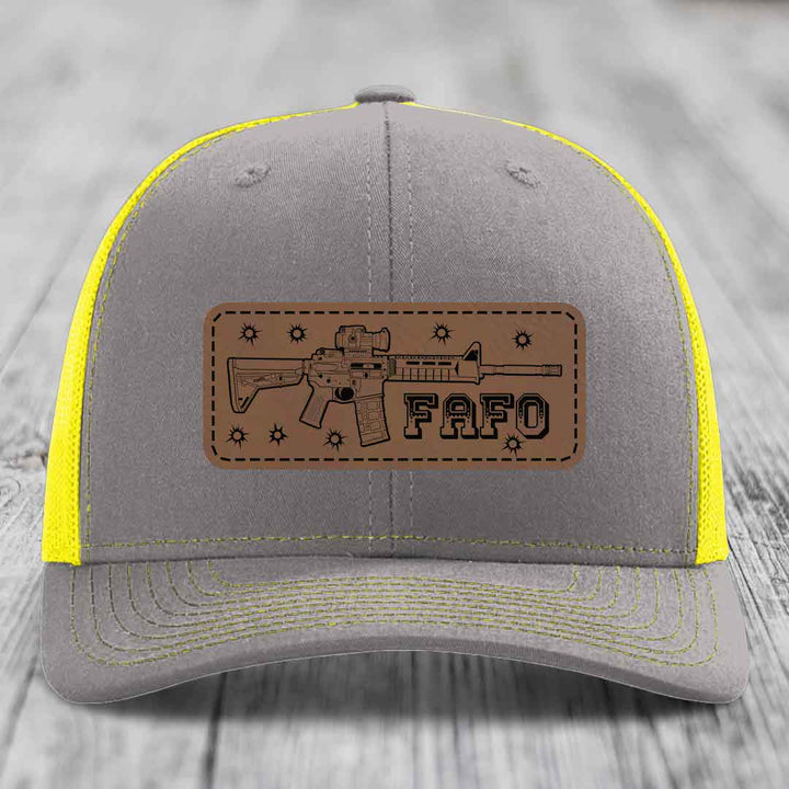 Ar15 Fafo - Leather Patch Hat - Dark Brown to Black Patch - Richardson 112 Snapback Trucker Hat