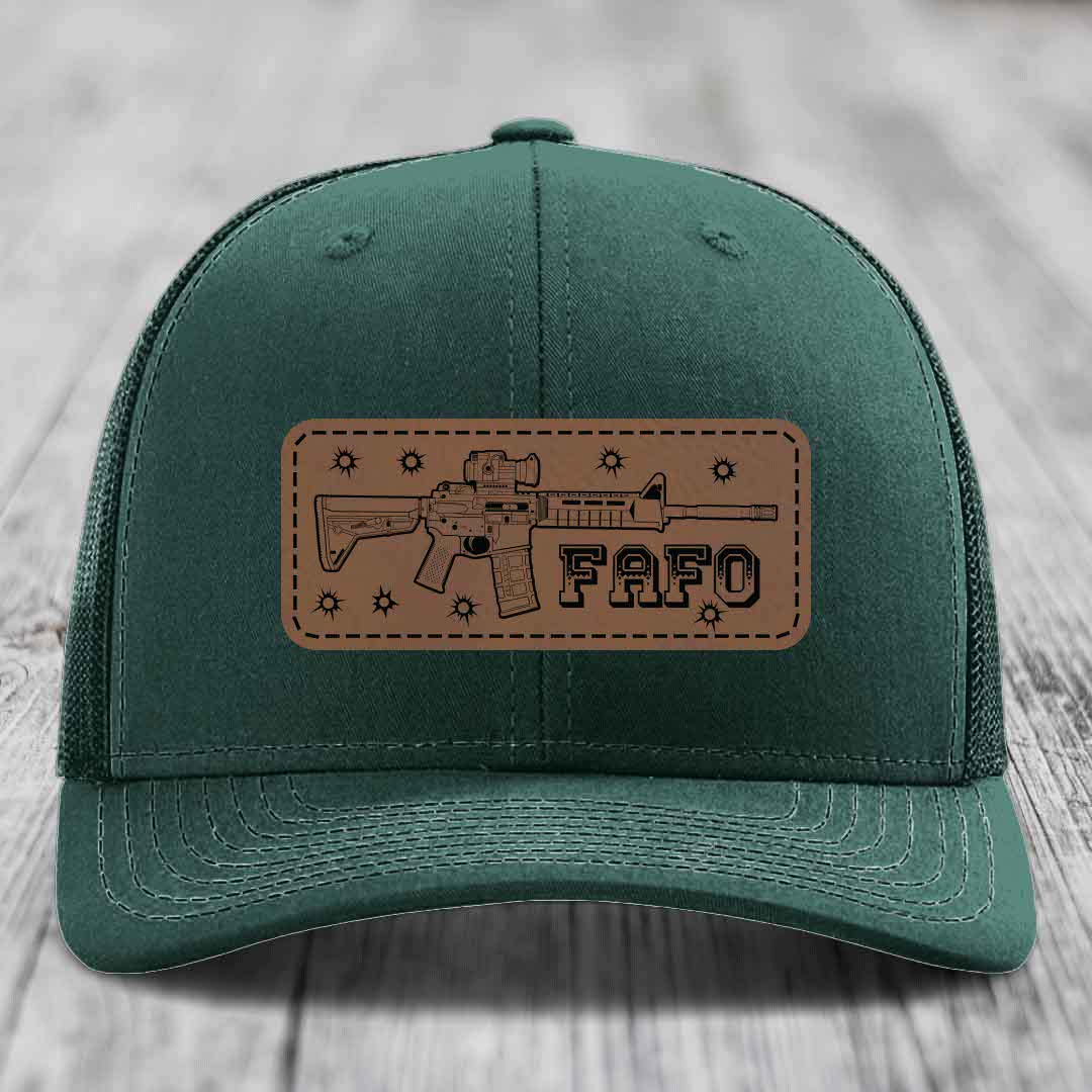 Ar15 Fafo - Leather Patch Hat - Dark Brown to Black Patch - Richardson 112 Snapback Trucker Hat
