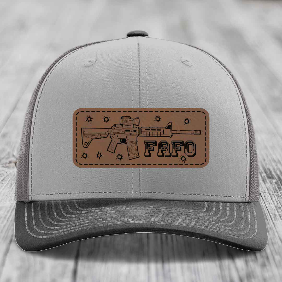 Ar15 Fafo - Leather Patch Hat - Dark Brown to Black Patch - Richardson 112 Snapback Trucker Hat