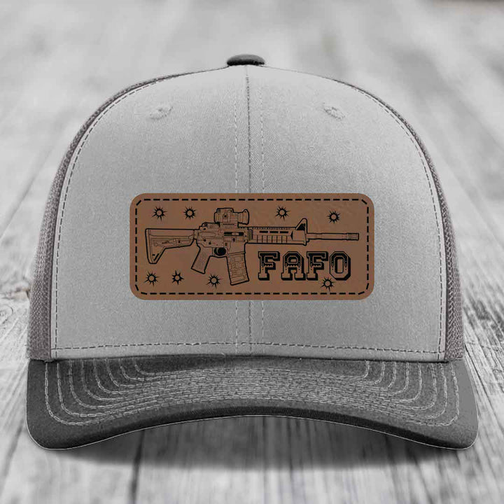 Ar15 Fafo - Leather Patch Hat - Dark Brown to Black Patch - Richardson 112 Snapback Trucker Hat