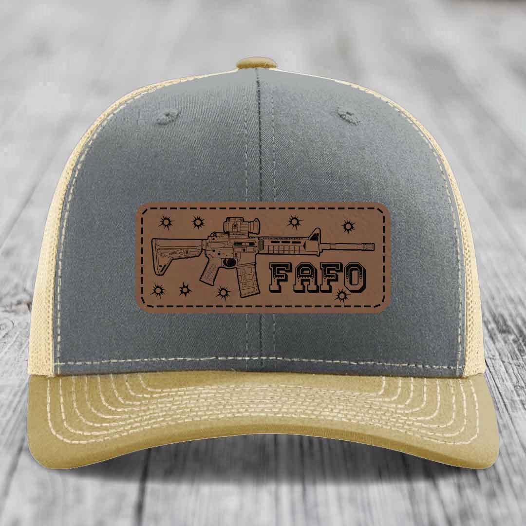 Ar15 Fafo - Leather Patch Hat - Dark Brown to Black Patch - Richardson 112 Snapback Trucker Hat