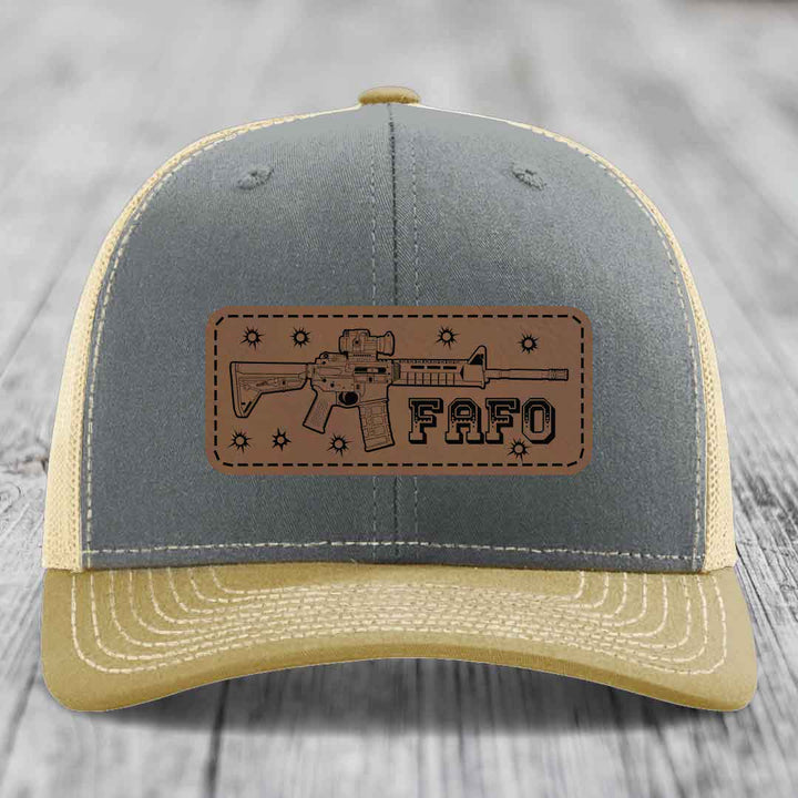 Ar15 Fafo - Leather Patch Hat - Dark Brown to Black Patch - Richardson 112 Snapback Trucker Hat