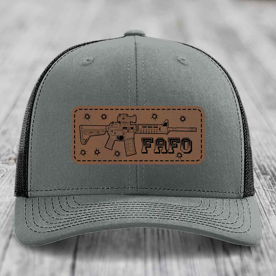Ar15 Fafo - Leather Patch Hat - Dark Brown to Black Patch - Richardson 112 Snapback Trucker Hat