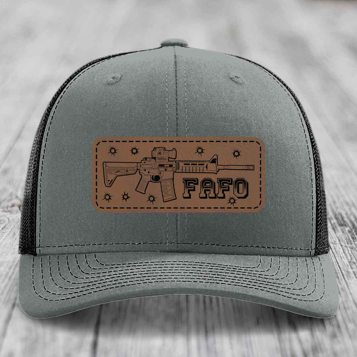 Ar15 Fafo - Leather Patch Hat - Dark Brown to Black Patch - Richardson 112 Snapback Trucker Hat